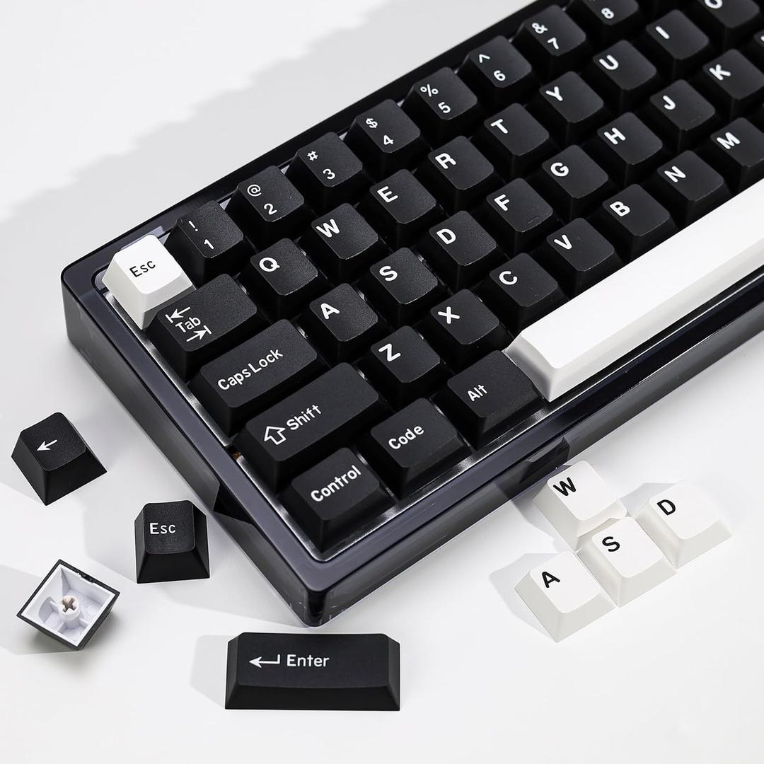 WOB PBT Double Shot Custom Keycap Set,174 Keys Black and White Gaming Key Caps Cherry Profile Keycaps for 61/64/68/84/87/100/104/108 Mechanical Keyboard