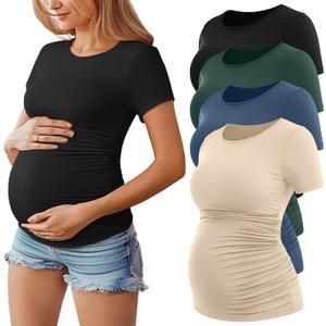 Huukeay 4 Pack Women's Maternity Shirts, Crew Neck Maternity Top Short Sleeve Casual Cotton Tee Side Ruched Pregnancy Clothes, Black, Apricot, Haze Blue, Dark Green, Large