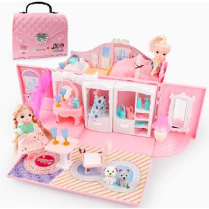 Dollhouse Portable Backpack for Girls Pretend Playhouse with Furniture & Figures 2 in 1 Playhouse Set Birthday Toys for Age 3-6 Year Old Kindergarten Toddlers Preschoolers