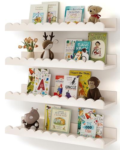 Shario Nursery Book Shelves, 4-Pack White Floating Shelves for Wall Kids, Scalloped Shelves, Wall Book Shelves for Bedroom Kids, Toddler Room, Baby Room, Nursery Decor