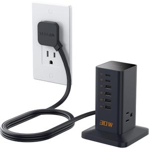 Charging Station for Multiple Devices, TESSAN 9-in-1 USB C Power Strip for iPhone 17/16/15, MacBook, Tablet, Desktop Phone Fast Charger with 3 AC, USB Charger, Home Drom Office Accessories, Black-30W