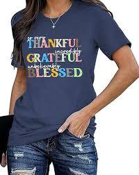 Thanksgiving Shirt for Women Fall Pumpkin Bow T-Shirt Funny Thankful Blessed Tee Tops Size XL