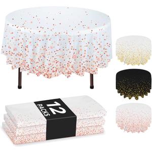 NORZEE 12-Pack White Disposable Plastic Tablecloths, 84" Plastic Table Cloth, Round Table Cover Rose Gold CONFETY