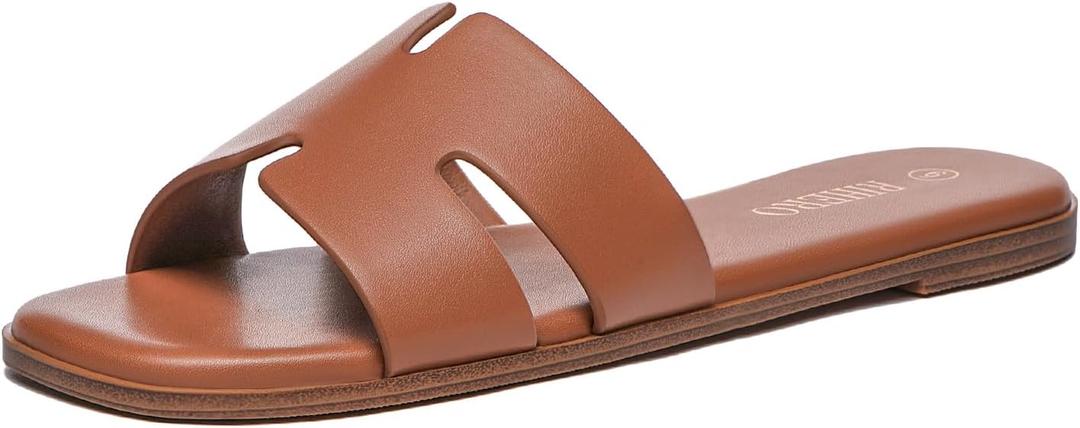 Rihero Women's Dressy Flat Sandals Comfortable Slip On Leather Slide Sandals (8, Brown)