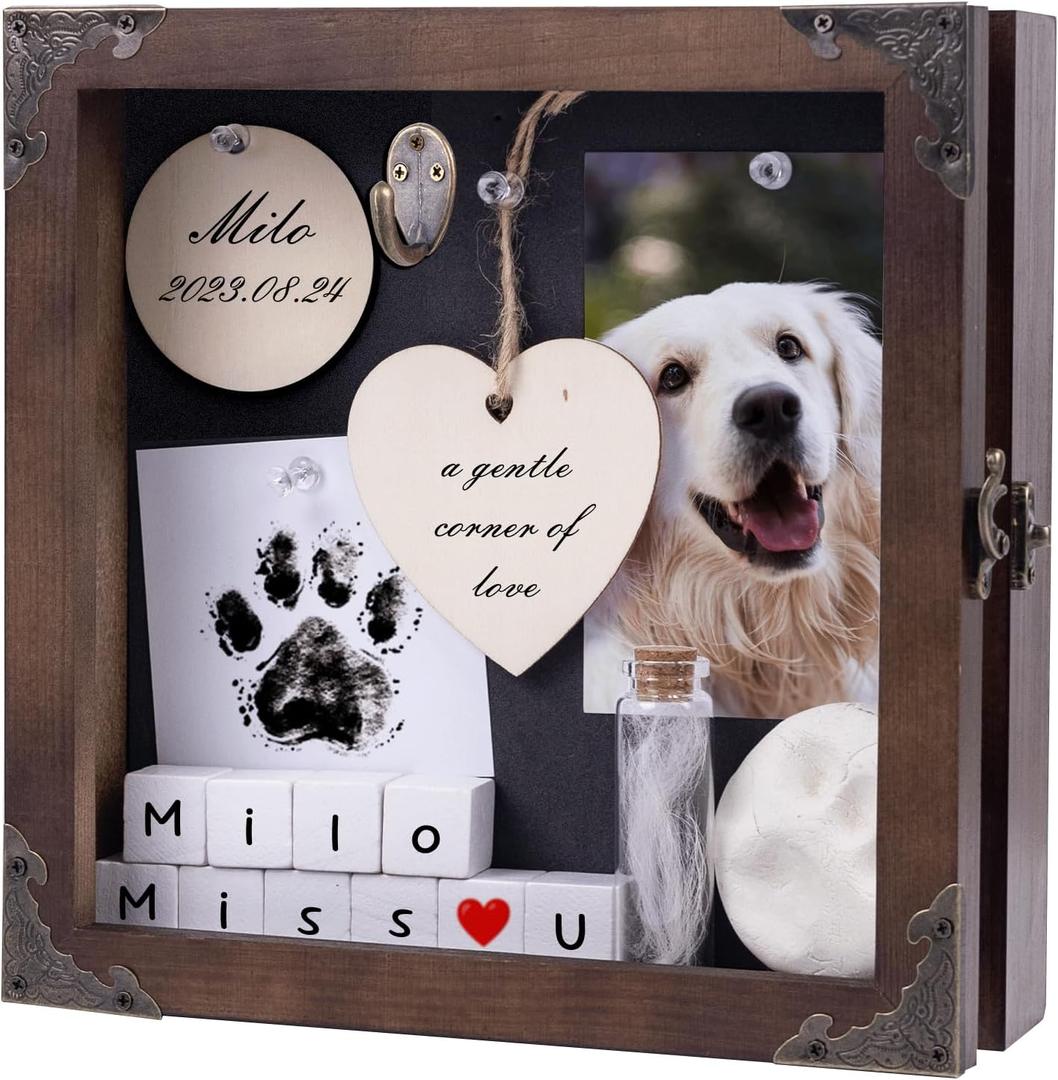 8.6'' Pet Memorial Shadow Box, Customizable Display Case for Dog Cat, Paw Print Hair Preservation, Picture Frame with Paw Print Kit Ashes Fur Jar as Pet Loss Sympathy Gift