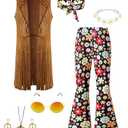 IWALUE Kids Girls 60s 70s Hippie Costume Pants Set Fringe Vest Peace Flared Pants Outfits Accessories Set（Multicolored,6-8 Years）