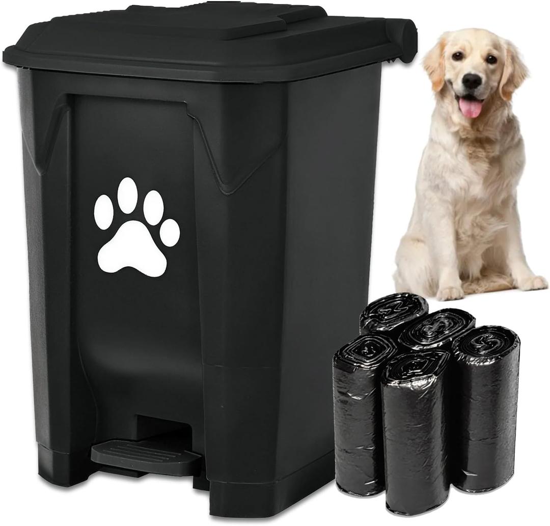 tebiete Dog Poop Trash Can Outdoors Pet Waste Station with Lid Dog Waste Disposal Container with Removable Inner Bin Bucket Hands-Free Pedal Garden Yard Home with 5Rolls Waste Bags, Black