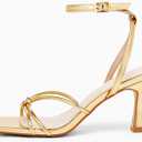 LAICIGO Women's Square Open Toe Heeled Sandals Stiletto Kitten Heel Ankle Buckle Strap Slingback Summer Dress Sandals (Gold), 7