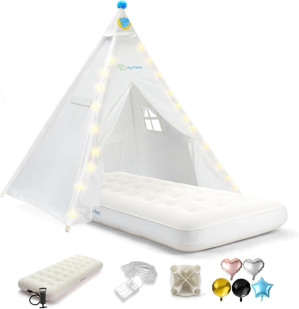 Heypappy Teepee Tent for Kids with Inflatable Airbed, String Lights, Balloons, Pump, Washable Slumber Party Tent Indoor Outdoor for Girls Boys, Children Tipi Playhouse for Playtime and Sleepover (1 Pack, White)