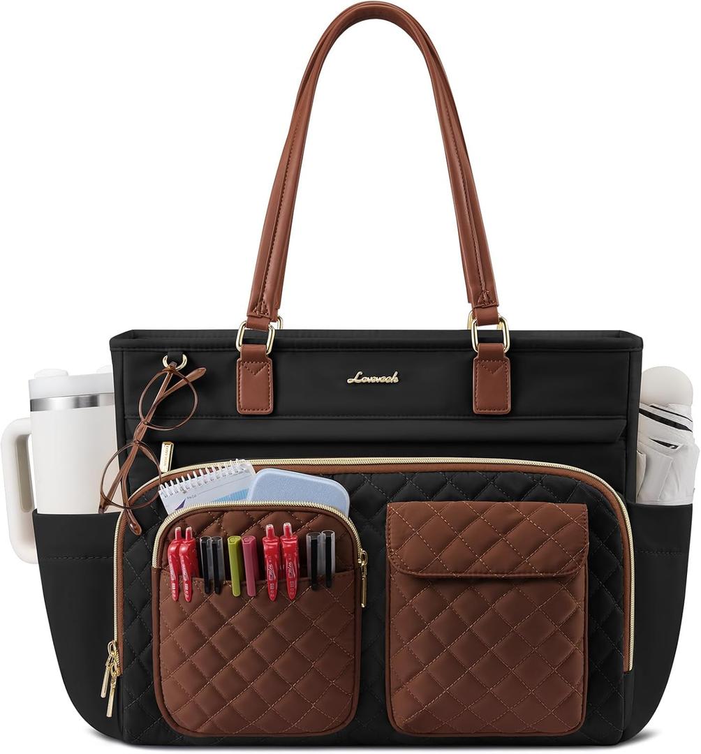 LOVEVOOK Tote Bag, Work Tote Bags for Women with Large Cup Holder, Large Capacity Teacher Tote with Multi Pockets, Nurse Diaper Bag with Padded Laptop Compartment, 15.6 Inch Black Brown