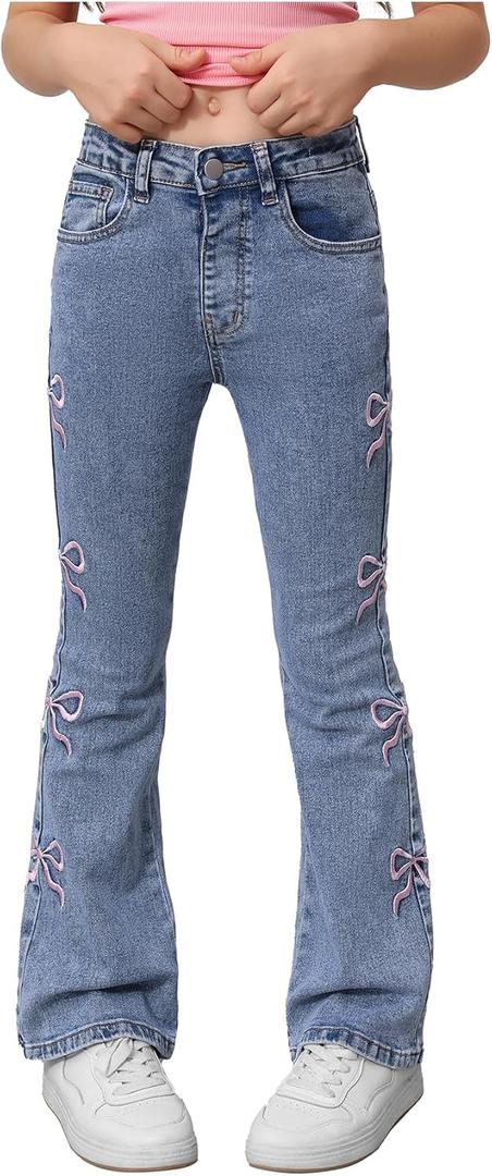 Floerns Girl's Cute Bowknot Jean Pants Embroidery Flared Leg Y2k Denim Pants