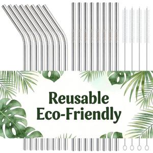 16-Pack Stainless Steel Straw,Reusable Straws 8 Straight & 8 Bent (8.5 Inch) Metal Drinking Straws with 4 Cleaning Brushes,Replacement Straws,Dishwasher Safe,Ideal for Home,Travel