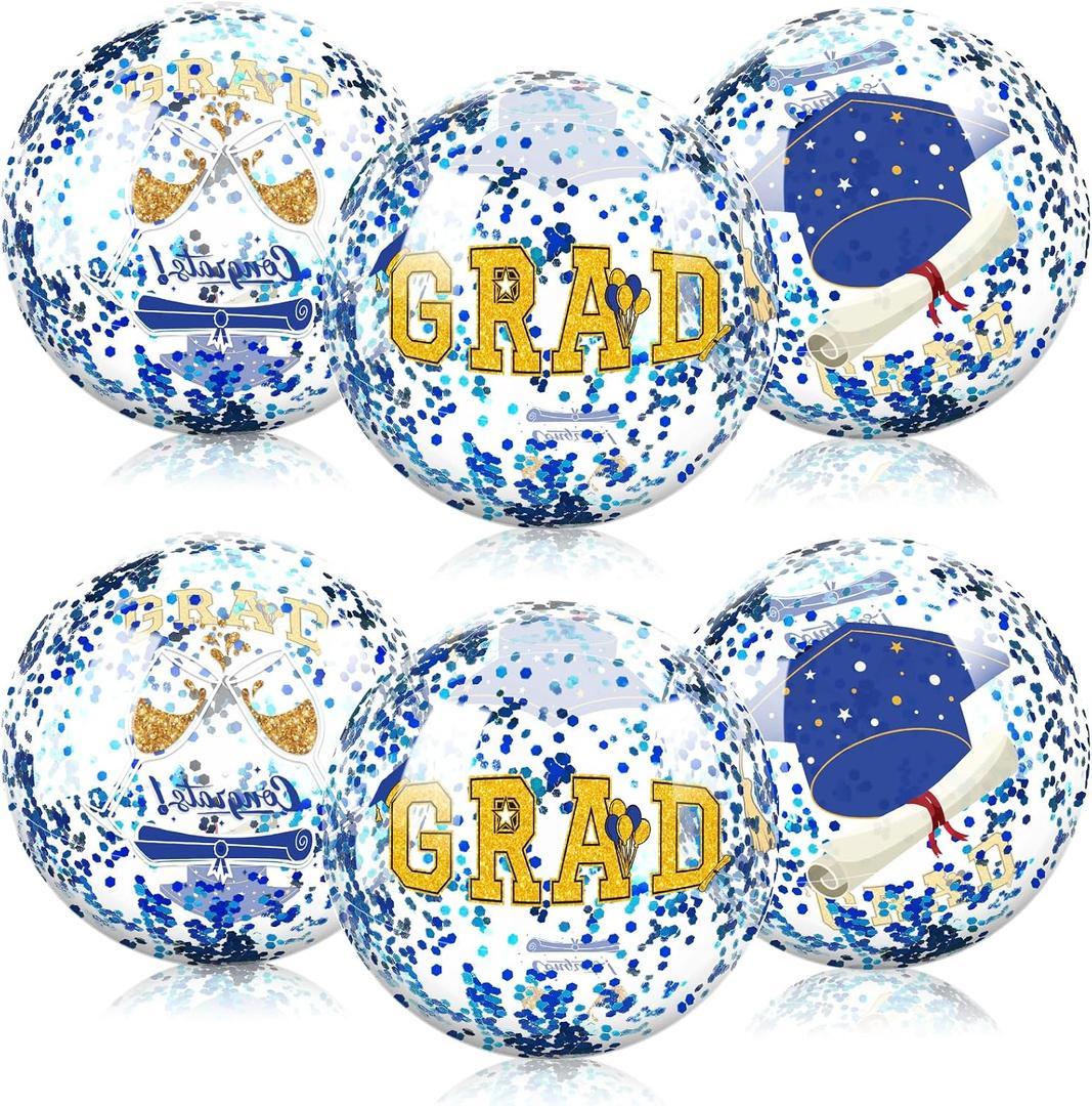 Phoncoo 10 Pcs 16Inch Graduation Inflatable Beach Balls, Congrats Grad Beach Ball with Gold Confetti, Grad Beach Balls for Graduation Pool Party Supplies