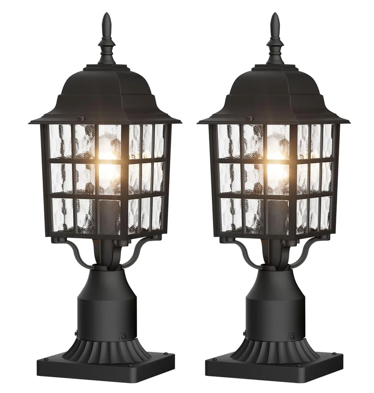 Aoceley Outdoor Post Light 2-Pack, Exterior Lamp Post Light Fixture with Pier Mount Base, Exterior Pole Lantern Light, Black with Water Ripple Glass