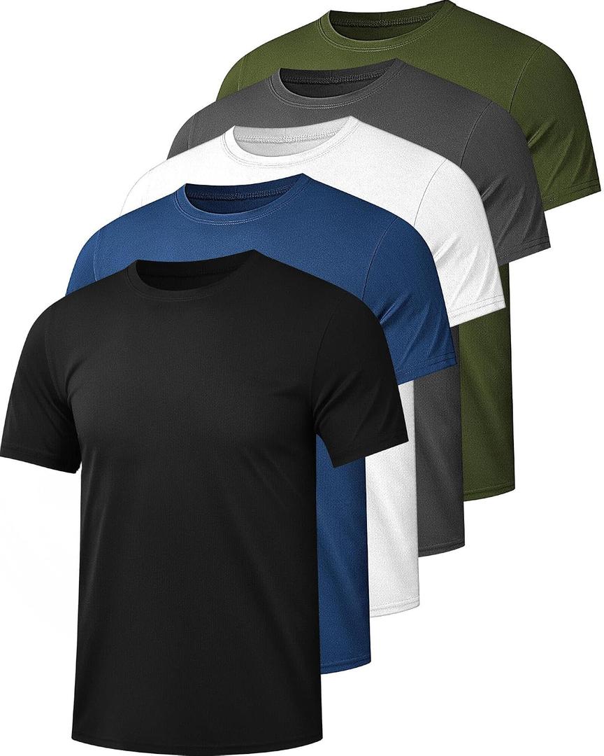 Kinglaman 1/5 Pack Mesh Workout Shirts for Men Dry Fit Gym Quick Dry Athletic Short Sleeve Sports T-Shirt Moisture Wicking (M)