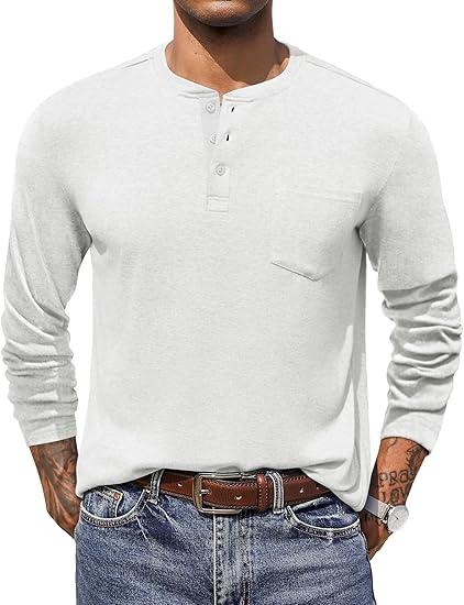 COOFANDY Men Henley Shirt Long Sleeve Casual Basic Tee Fall Fitted Cotton Soild T Shirt White, S
