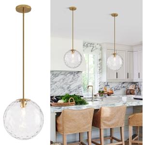 11.8in Hammered Glass Pendant Light, Large Mid Century Modern Pendant Lights Kitchen Island, Brass Fininsh Hanging Light for Dining Room Over Table Sink Hallway, Gold & Hammered 1 Pack