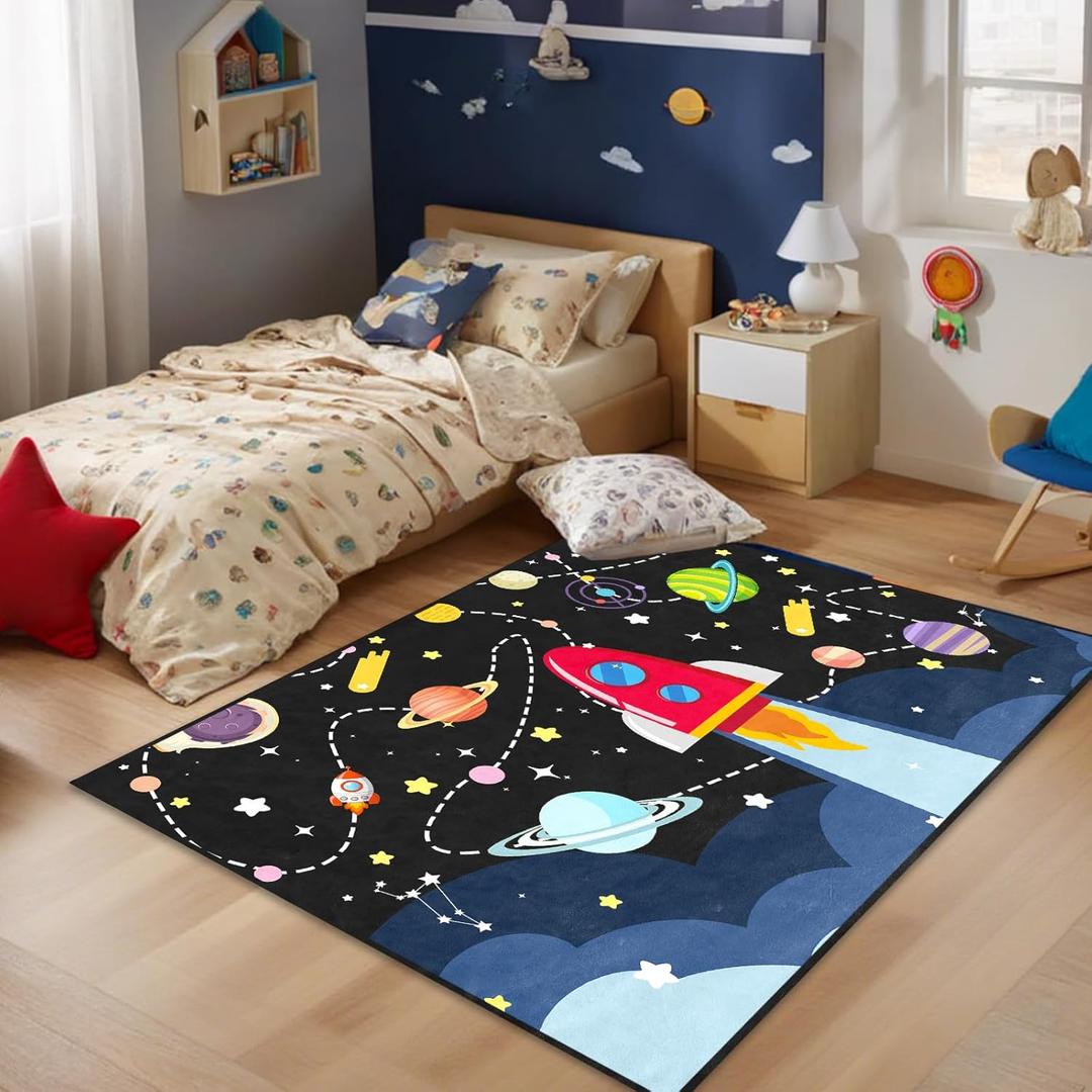 Space Rug - Space Rug for Boys Room Cartoon Solar System Carpet Educational Learning Carpet for Playroom Planet Themed Mat for Bedroom Decor,2.5x4 Feet