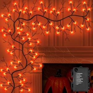 9FT 72 LED Halloween Decorations Willow Vine Twig Garland with Timer & 8 Modes Orange Lights, Battery Operated Halloween Garland for Mantel Table Indoor Home Decor