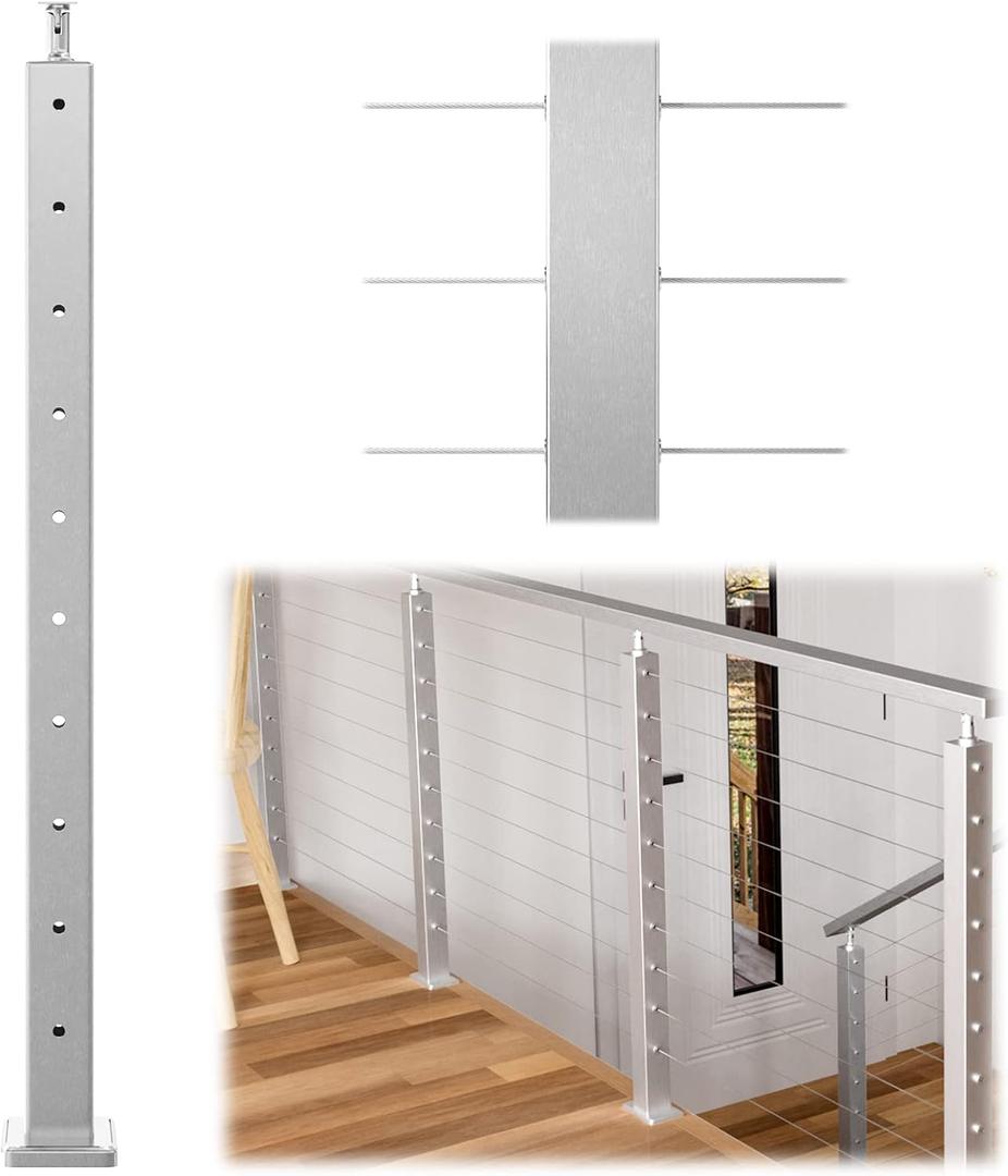 Muzata Cable Railing Post 36 Inch 36"x2"x2" Level Drilled Surface Mount Brushed T304 Stainless Steel Cable Railing System Kit Indoor Outdoor with Paper User Guide PS01 LH4S