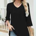 IEEILULU 3/4 Length Sleeve Womens Tops V Neck T Shirts Casual Pleated Tunic for Women Fashion Loose Blouses (Black, L)