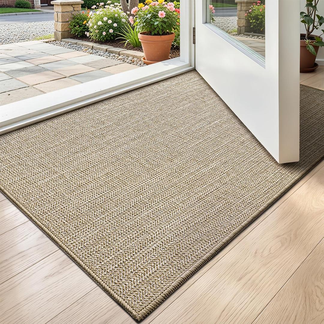 Ultra Thin Indoor Door Mat 17x30, Low Profile Entrance Mat, Non Slip Rubber Backing Dirt Trapper Doormat for Front Entryway, Khaki