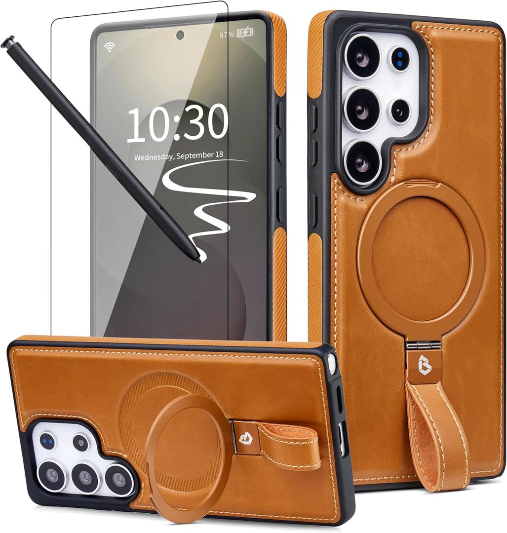 Butaiga for Samsung Galaxy S23 Ultra Leather Case with Stand, Anti-Slip Grip Ring, Fits for MagSafe (Brown, S23 Ultra-6.8inch)