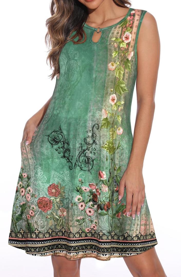 Summer Dresses for Women Casual Sleeveless Sundress Floral Loose Fit Beach Cover Up with Pocket (Small, Dark Sea Green)