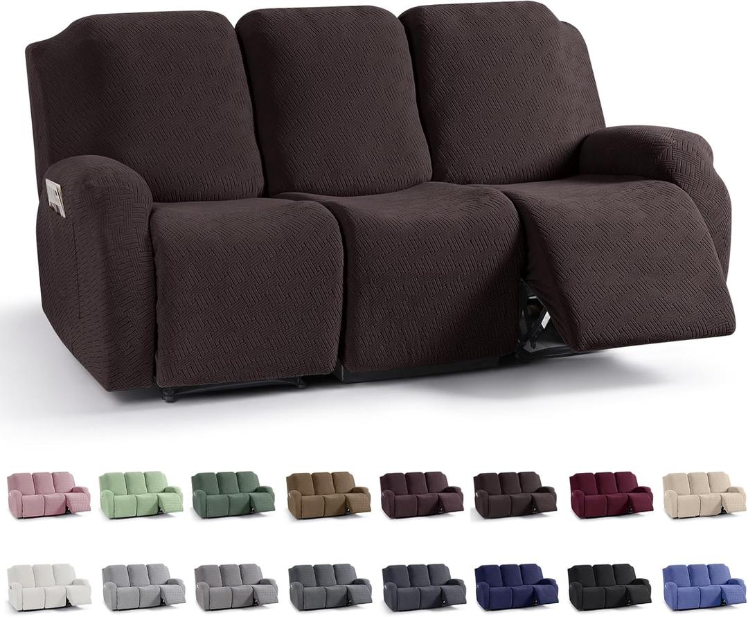 KinCam Recliner Covers, Stretch Reclining Chair Covers, Recliner Sofa Slipcovers Stripe Jacquard Recliner Couch Covers Furniture Protector Covers for Pet Kid (3 Seater, Chocolate)