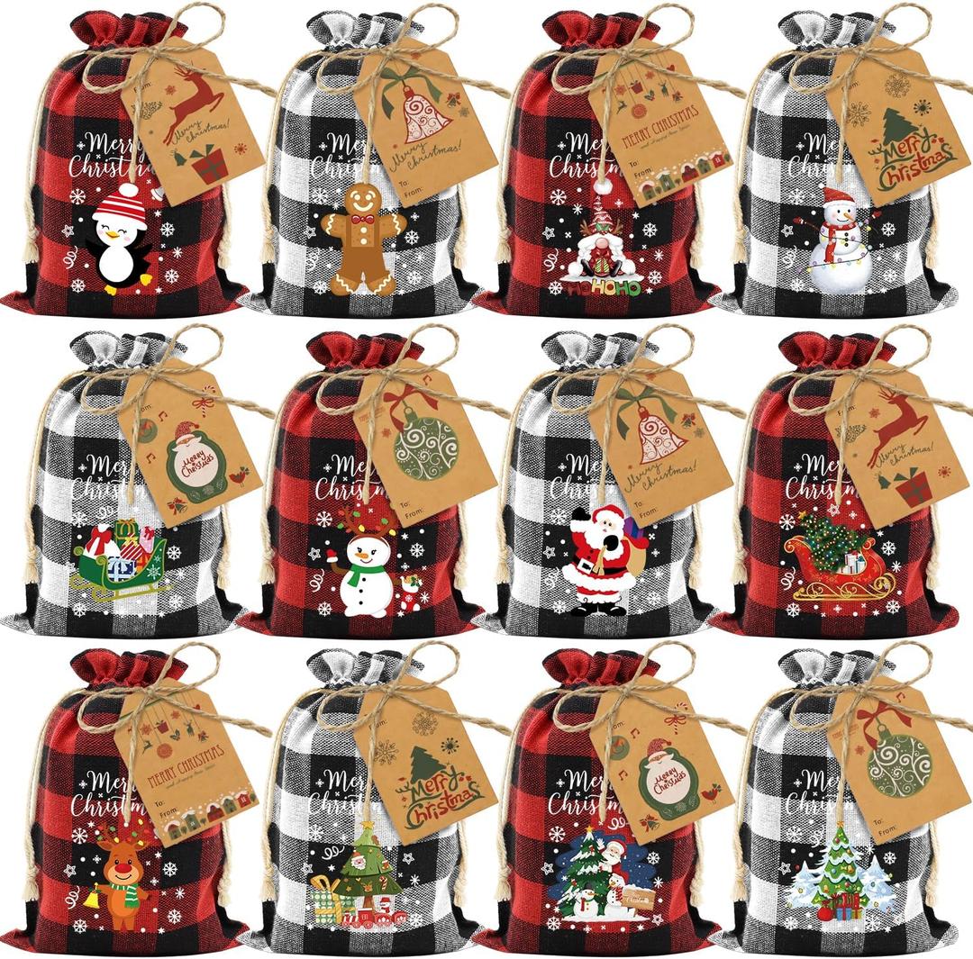 Aviski 36PCS Cotton Medium Christmas Drawstring Candy Treat Bags Buffalo Plaid Xmas Xmas Christmas Fabric Goody Gift Sacks Reusable Gift Wrapping Bags Holiday Party Favors - Red/White