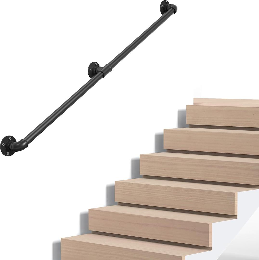 Industrial Pipe Stair Handrail, Wall-Mounted Metal Hand Rail for Indoor & Outdoor Steps, Black Galvanized Iron, Vintage Farmhouse Style, Heavy Duty Support for Stairs & Porch (Black, 8ft)