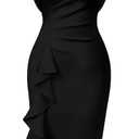 Memoriesea Women's Vintage Church Ruffle Sleeve Ruched Bodycon Work Midi Pencil Dress (Medium, Black)