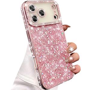 Changjia Glitter Bling Case for iPhone 17 Pro Max,Cute Luxury Sparkly Crystal Diamond Rhinestone Sequin Shiny with Camera Lens Protector Plating Bumper Women Girls Case for iPhone 17 Pro Max 6.9",Pink