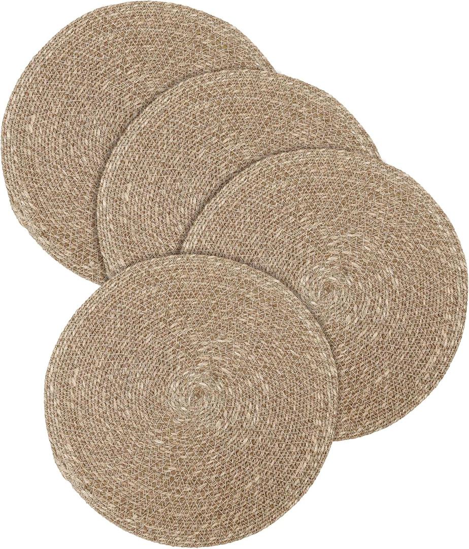 Hausattire Round Woven Placemats Set of 4 - Natural, Seagrass Rustic Heat Resistant Table Mats for Wedding, Restaurants, Party | Rattan Boho Easy Clean Circle Placemat for Kitchen, Dining - 14 Inches
