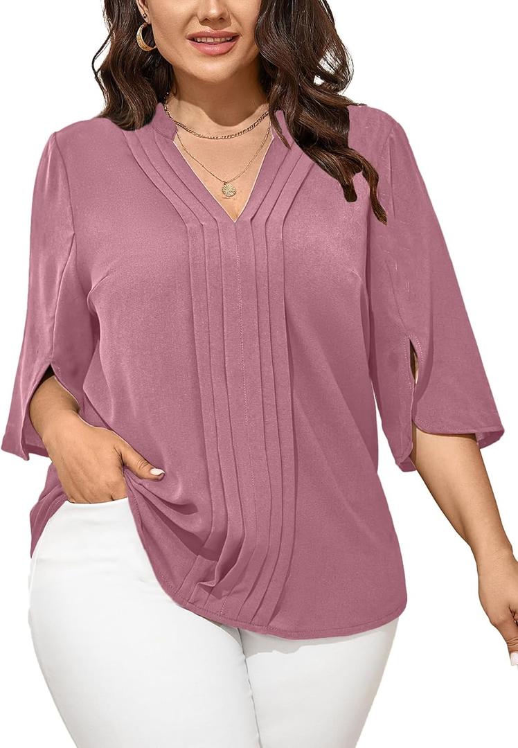 SCOMCHIC Women's Plus Size Blouses 3/4 Sleeve V Neck Pleated Shirts | 3/4 Sleeve, Dressy Tunic Tops, Casual Loose, V Neck, Pleated Shirts (Pink, XXL)