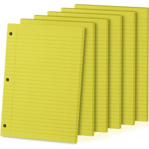 Loose Leaf Paper, 300 Sheets, Wide Ruled, 8" x 10.5", 6 Pack, 70gsm Notebook Paper Filler Sheets, 3 Hole Punched, 50 Sheets/Pack, Wide Ruled Office Filler Writing Notepads for 3 Ring Binder, Yellow