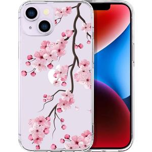 Compatible with iPhone 14 Case Flower for Women Girls Girly Cute Phone Protector Clear with Design Cool Protective,Sakura Pink Peach Cherry Blossom