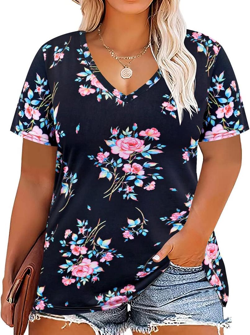 CARCOS Womens Plus Size Tops Short Sleeve Shirts V Neck Tunic Floral/Aniaml Blouses XL-5X (XX-Large)