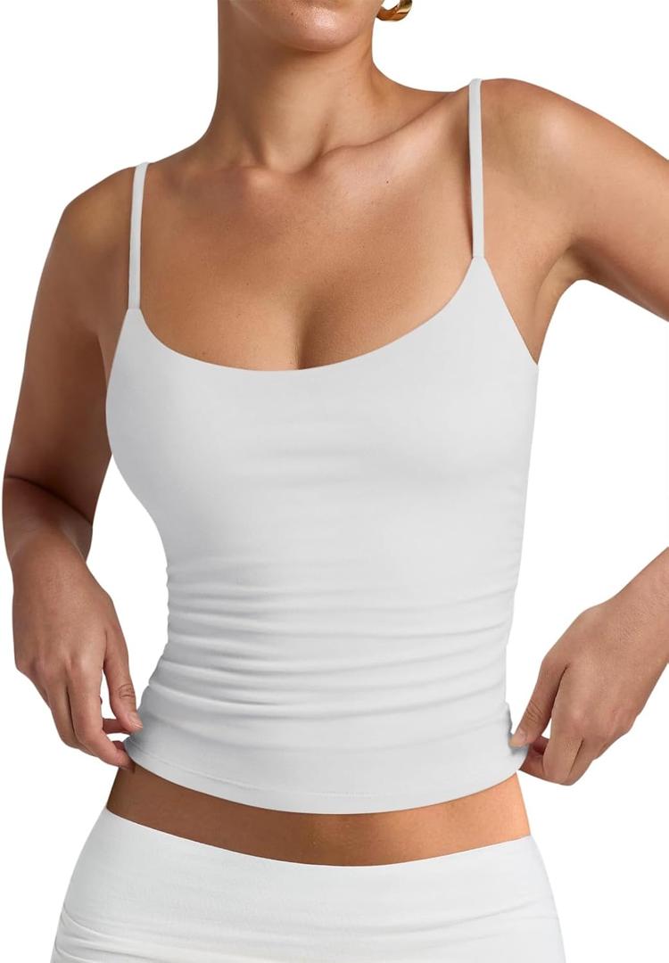 PINKMSTYLE Women's Basic Double Lined Scoop Neck Tank Tops Adjustable Cami Tank Summer Sleeveless Tops (White, XS)