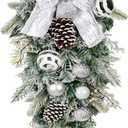 30" Christmas Teardrop Swag for Front Door Artificial Winter Swag Garland with Pine Cones, Berry Clusters, White Ball Ornaments and Ribbons for Thanksgiving Holiday Christmas Decoration