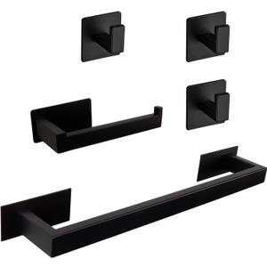 5 Pieces Self Adhesive Bathroom Hardware Set-SUS304 Stainless Steel-Towel Rack Set Include 16Towel Bar+Toilet Paper Holder+3 Towel/Robe Hooks Bathroom Accessory (Matte Black, 16 in)