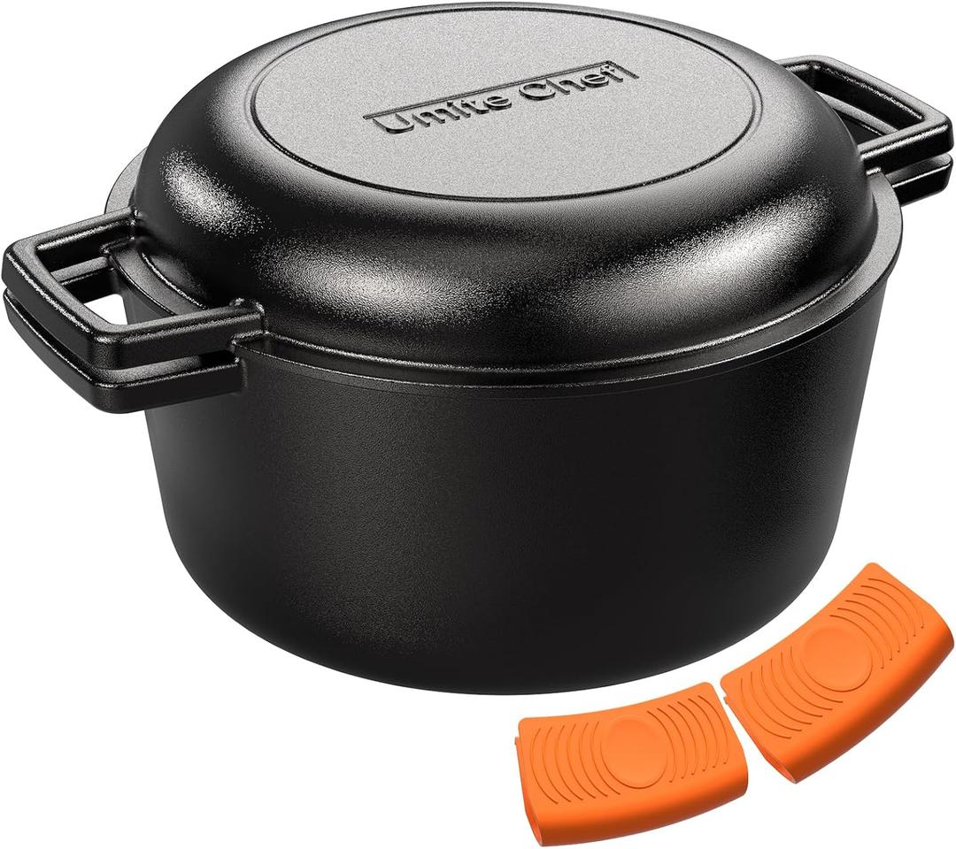 2-in-1 Pre-Seasoned Cast Iron Double Dutch Oven Pot with Skillet Lid & Silicone Sleeves Raised Rib Skillet Lid Umite Chef 7QT Cast Iron Skillet Cookware Pan Set wirh Dual Handles Oven, Grill, Campfire & Stovetop Safe PFAS-Free