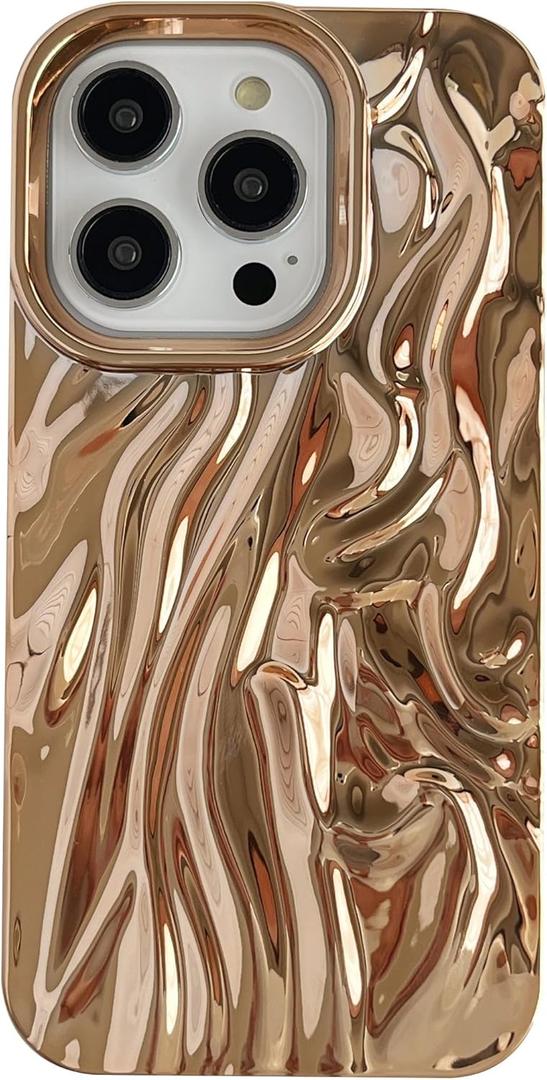 Caseative for iPhone 14 Pro Case,Pleated Water Ripple Chrome Wave Pattern Soft Phone Case (Gold)