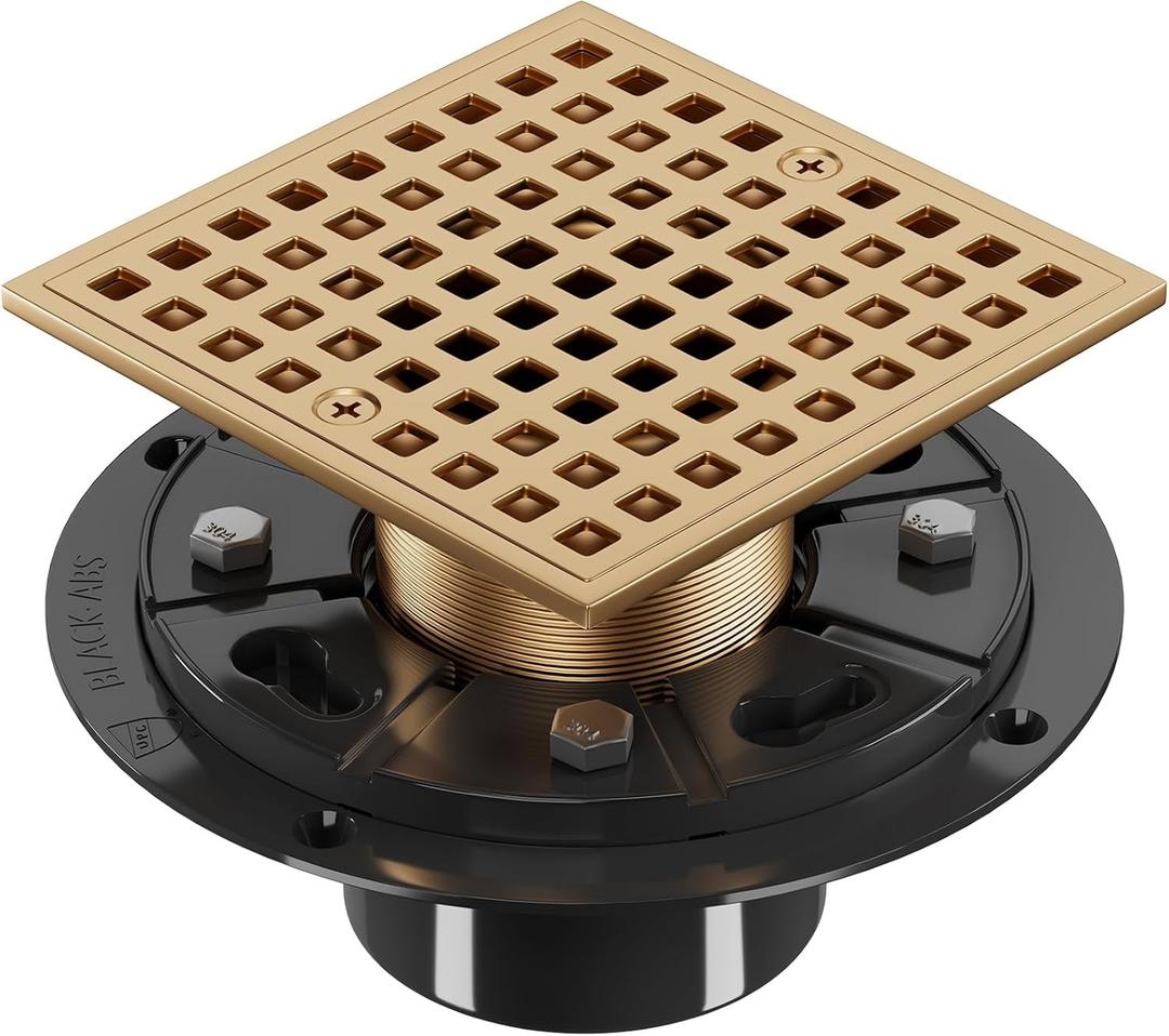 Champagne Bronze 4 Inch Shower Floor Drain with Flange - Square Shower Drain with Hair Strainer - Removable Strainer Cover - SUS304 Stainless Steel & CUPC Certified - Antique Brass