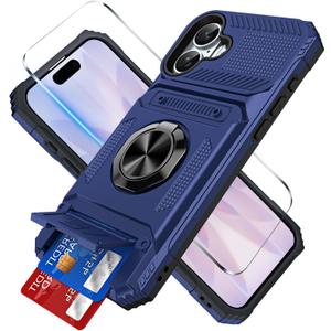 for iPhone 17 Wallet Case with Card Holder + 1 Screen Protector, (2 Cards) & 360Ring Kickstand Military Grade Drop Shockproof Rugged Case for iPhone 17 6.3" 2025(Blue)