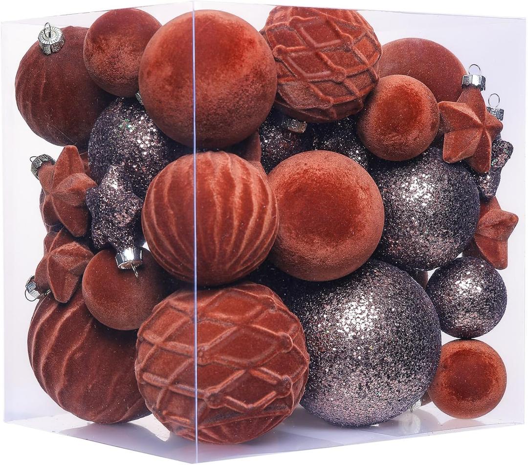 38 Pcs Brown Velvet Christmas Ball Ornaments, Christmas Tree Decorations with Paper Ornaments, Shatterproof Hanging Xmas Dcor Set for Office Home Holiday in 3 Sizes(Small Medium Large)