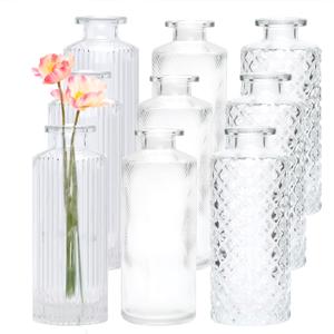 Brajttt Glass Bud Vase Set in Bulk, 9pcs Mini Vintage Flower Vases for Wedding, Clear Relief Vase for Centerpieces,Home Table Flower Decor, Party Decorations