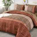 Dinjoy Boho Queen Comforter Set Red Brown,7 Piece Bed in a Bag Queen Size Warm Striped Bedding Sets with Plaid Comforters Bed Set with Sheets for Family All Season