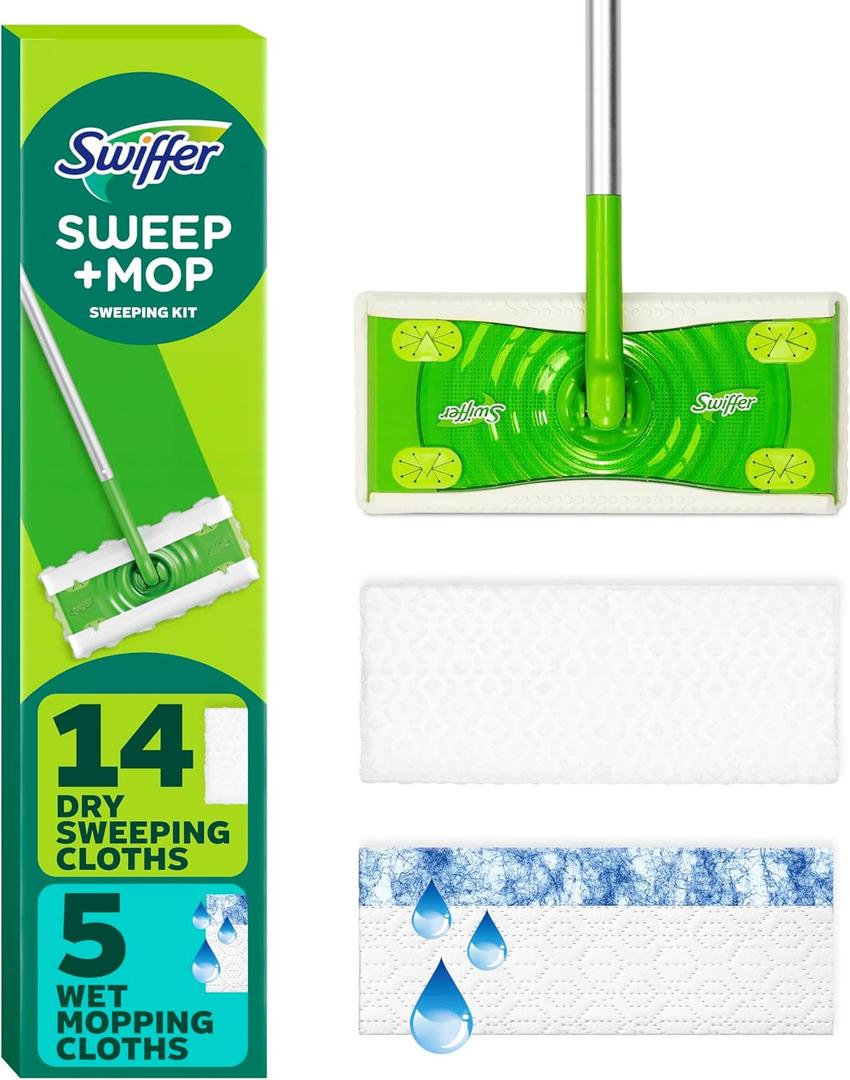 Swiffer Sweeper 2-in-1 Dry + Wet Floor Mopping and Sweeping Kit, Multi-Surface Kit for Floor Cleaning, Kit Includes 1 Sweeper, 14 Dry Sweeping Cloths, 5 Wet Mopping Cloths (20 Piece Set)