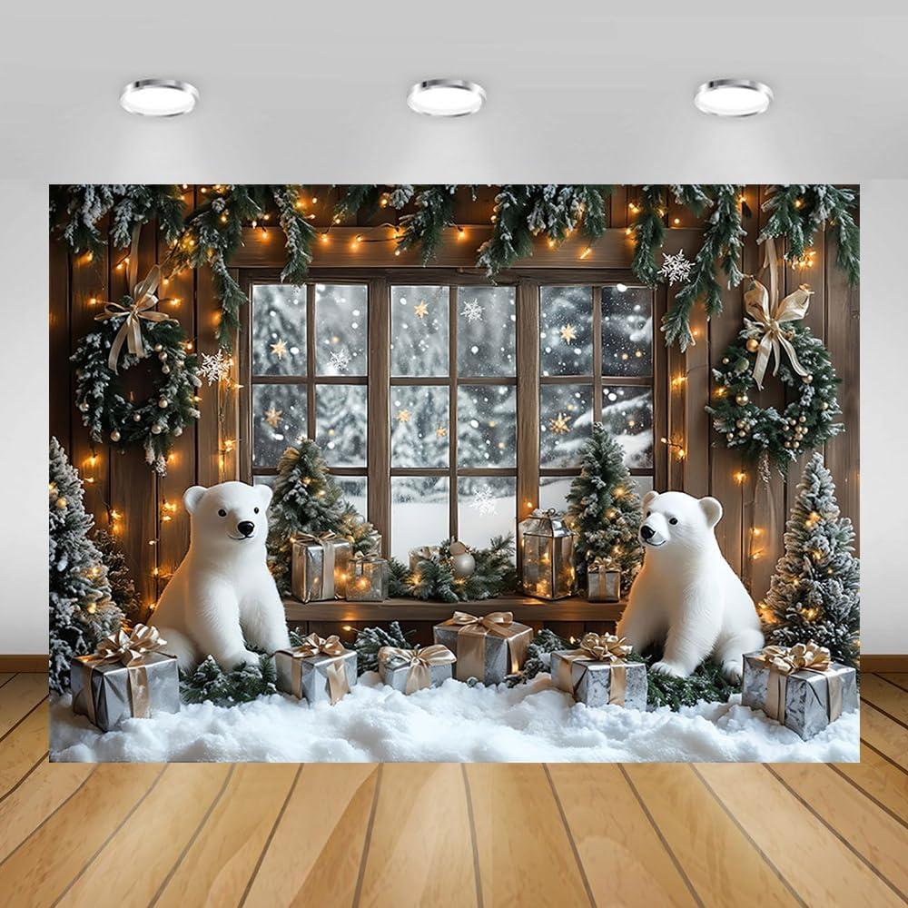 AIBIIN 7x5ft Winter Christmas Backdrop Window Snowy Xmas Pine Trees Forest View Photography Background Winter Christmas Cute Bear Gift Photo Backdrop